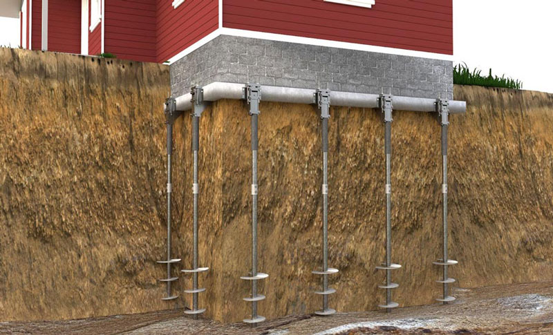 3d Rendering Helical Piers lifting a homes Foundation